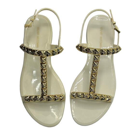 Stuart Weitzman Jelly Sandals Size 7 Studded T-Strap "Jelrose" Cream Gold - Picture 3 of 10